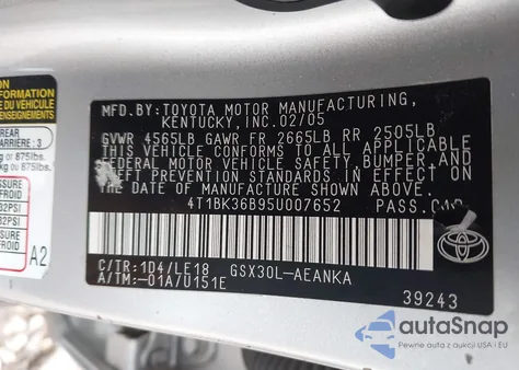 2005 Toyota Avalon Touring из США, поврежденный, VIN 4T1BK36B95U007652